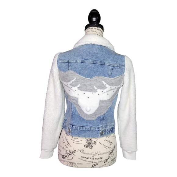 Girls Denim Fleece Deer jacket Refashioned Embellished OOAK